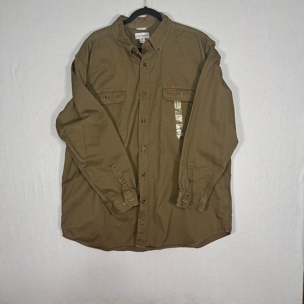 Carhartt Mens 2XL Original Fit Long Sleeve Button Down Work Shirt Brown Canvas